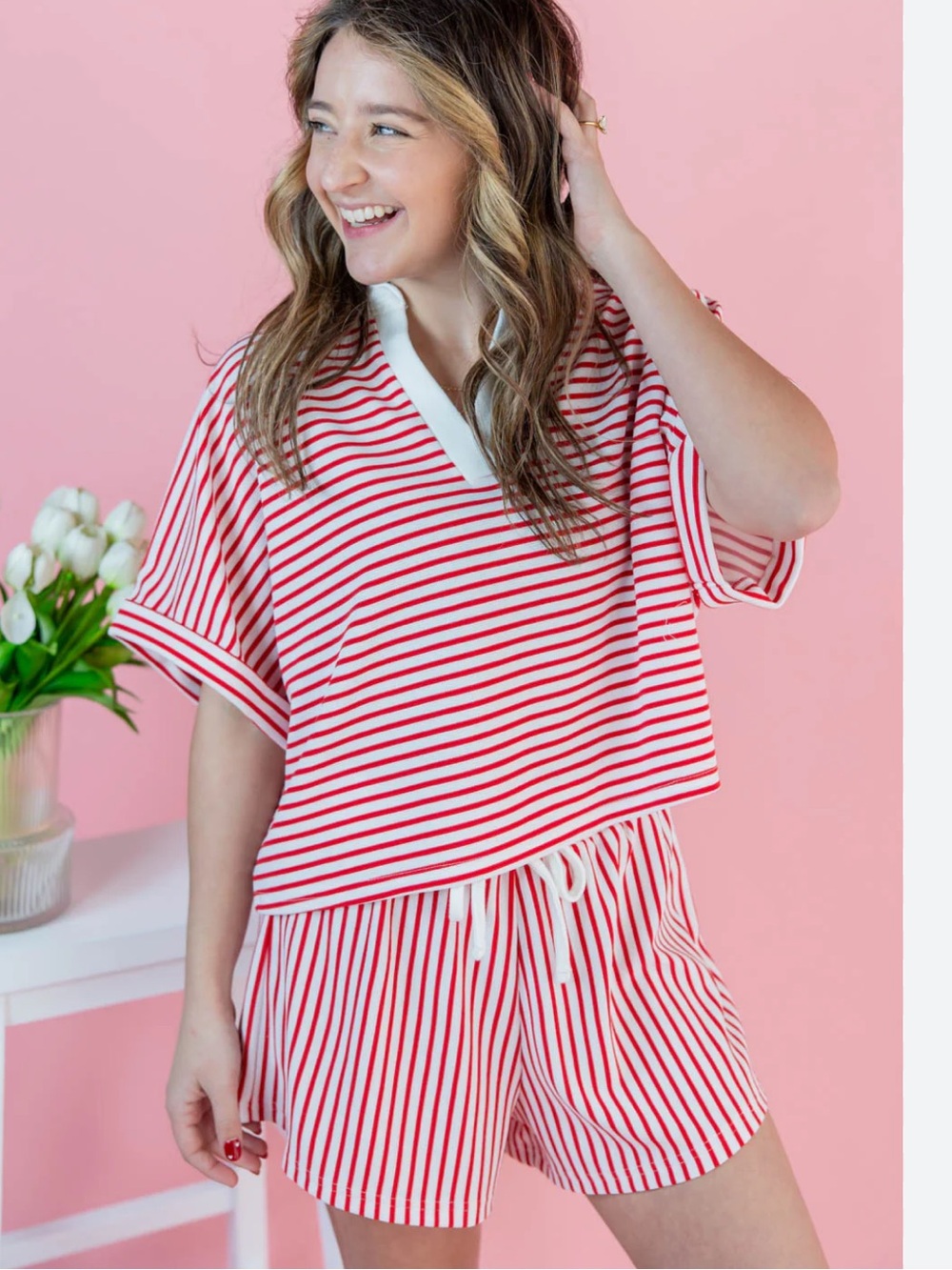 Zenana Red & White Striped Shorts Set - Two-Piece New medium